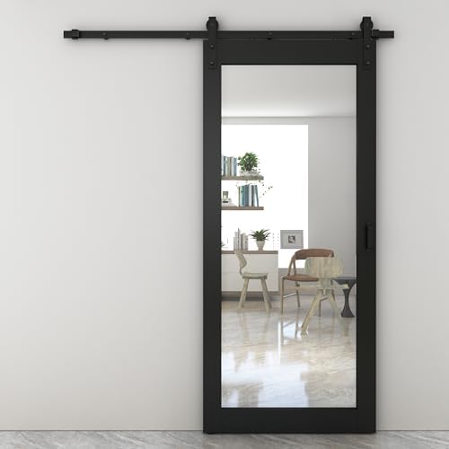 36 in. x 84 in. Mirrored Glass Black MDF Interior Sliding Barn Door with Hardware Kit and Door Handle - Image 6