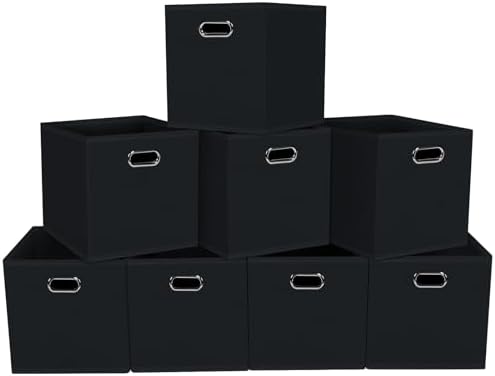 Fabric storage bins Cubes, Fabric Cube Organizer with Handle, Foldable Cube Bins for Cloth or Accessary Storage, 11x11x11, Set of 8, (Black) by Yunkeeper