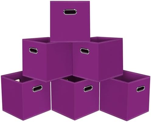 Black Foldable Storage Cubes Bins, Fabric Storage Box Cubes Organizer Baskets with Dual Handles for Home Organizer,Set of 6,(Purple) by HEAYEEG