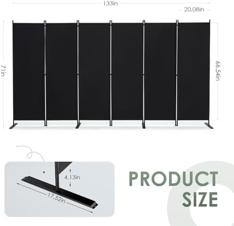 RANTILA 6 Panel Room Divider, 6 FT Folding Privacy Screen with Wide Feet, Freestanding Partition for Room Separation, Portable Room Divider Panel, 133" W x 71" H, Black - Image 2
