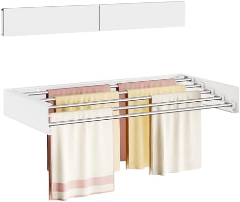 Wall Mounted Clothes Drying Rack Folding Indoor, Foldable Laundry Drying Rack Collapsible, Space Saving, Retractable Towel Drying Rack, with Wall Template(5 Drying Rods, White 23.6") by Vasunray