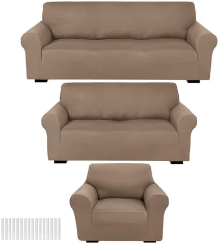 Peryiter 3 Pcs Couch and Loveseat Sofa Covers,Camel,Milk Silk by Peryiter