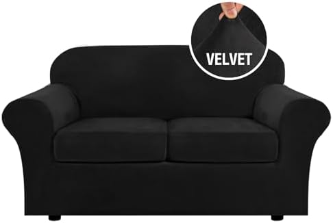 H.VERSAILTEX Real Velvet Plush 3 Piece Stretch Sofa Covers Couch Covers for 2 Cushion Couch Loveseat Covers Width Up to 72 Inch Feature Thick Soft Stay in Place (Medium Sofa, Black) by HVERSAILTEX
