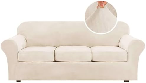 H.VERSAILTEX Modern Velvet Plush 4 Piece High Stretch Sofa Slipcover Sofa Cover Furniture Protector Form Fit Thick Velvet Sofa Cover for 3 Cushion Couch Width Up to 90 Inch (Sofa, Cream) by HVERSAILTEX