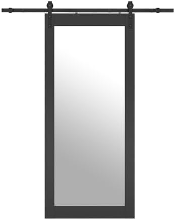 36 in. x 84 in. Mirrored Glass Black MDF Interior Sliding Barn Door with Hardware Kit and Door Handle by Unknown