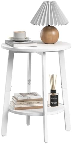 sthmec Side Table, Small Round End Table with Storage Shelf for Small Space, 2-Tier Bedside Table Sofa Couch Table, Round Accent Table Nighstands for Living Room, Bedroom,White by Unknown