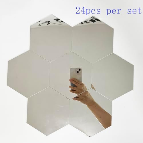 24pcs Silver Hexagon Mirror Acrylic Wall Stickers with Adhesive Art Decal Satin Paper Baby Kids Bedroom Home DIY Decor Removable Stickers (Hexagon Silver) - Image 4