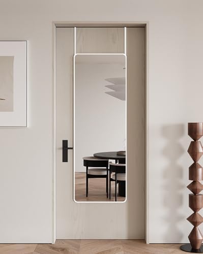 DMWOODFL 48"x14" Rounded Rectangle Over The Door Mirror - Full Length Tempered Glass & Aluminum Frame, No Drill Installation for Bedroom, Bathroom, Closet, Entryway (Silver White) - Image 3