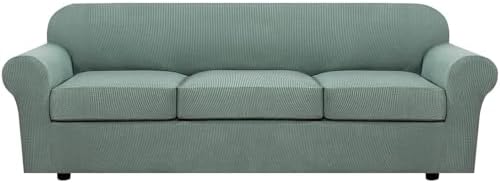 H.VERSAILTEX 4 Piece Stretch Sofa Covers for 3 Cushion Couch Covers for Living Room Furniture Slipcovers (Base Cover Plus 3 Seat Cushion Covers) Thicker Jacquard Fabric (Large Sofa, Sage) by HVERSAILTEX