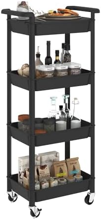 STEEHOOM 4 Tier Rolling Cart with Handle, Utility Cart with Table Top Easy Assembly Bathroom Storage Cart on Wheels for Office, Living Room, Kitchen, Craft Room, Black by Steehoom