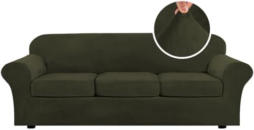 H.VERSAILTEX High Stretch Sofa Slipcover 4 Piece Cover Velvet Furniture Protector Form Fit Thick Velvet Extra Large Sofa Cover for 3 Cushion Couch Width Up to 97 Inch (Large Sofa, Olive) by HVERSAILTEX