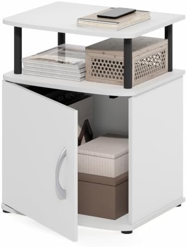 Furinno Jaya Side Table, 2-Tier Open Shelf End Table with Door Cabinet, Soft-Edges Night Stand, Bedside Table, for Living Room, Bedroom, White by Furinno-FitsYourSpaceFitsYourBudget