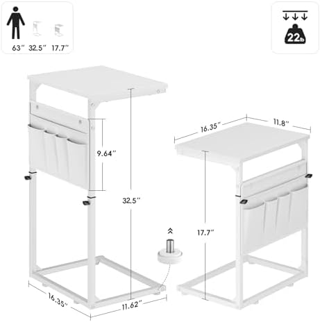 Vagusicc C Shaped End Table, 33" Tall Side Table for Couch, Adjustable Height Small Couch Side Table for Small Spaces, C Table End Table Slide Under Sofa Table TV Tray for Living Room Bedroom, White - Image 2