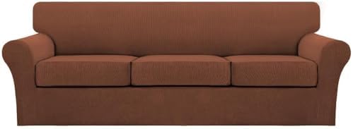 Turquoize 4 Piece Sofa Covers for 3 Cushion Couch Sofa Slipcover Soft Couch Cover for Dogs Washable Furniture Cover with 3 Individual Large Cushion Covers Feature Fabric (Large Sofa, Caramel) by Turquoize