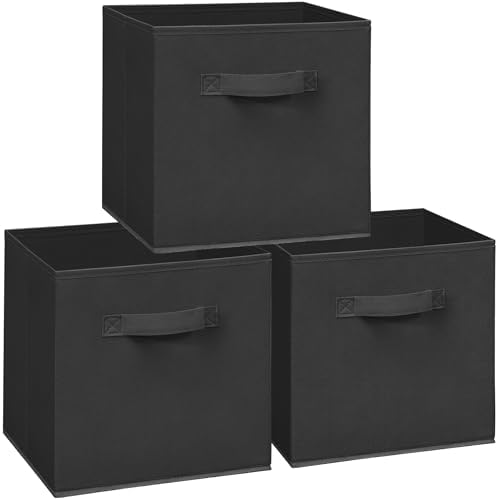 11 Inch Fabric Storage Cubes, Sturdy Foldable Storage Bins, Heavy Duty Cube Organizer for Clothes, Blankets, Shelves, Closets, Bedroom, Living Room, Black, 3 Pack by Unknown