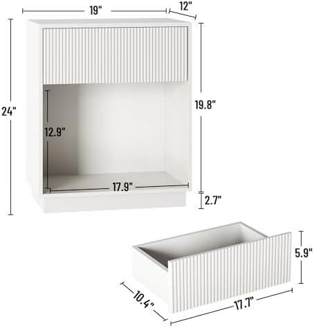 Fluted Nightstands Set of 2, Modern Bedside Table with Storage Drawer and Open Wood Shelf, Wood End Table Mid Century Night Stands for Bedroom Living Room Sofa Couch Office White - Image 2