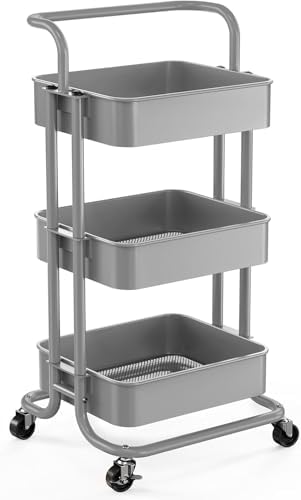 Pipishell Metal 3 Tier Rolling Cart with Handle & 2 Lockable Wheels, Gray by Pipishell