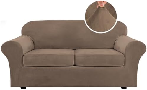 H.VERSAILTEX Real Velvet Plush 3 Piece Stretch Sofa Covers Couch Covers for 2 Cushion Couch Sofa Slipcovers Width Up to 90 Inch Feature Thick Soft Stay in Place (Sofa, Mocha) by HVERSAILTEX