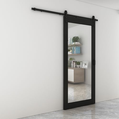 36 in. x 84 in. Mirrored Glass Black MDF Interior Sliding Barn Door with Hardware Kit and Door Handle - Image 2