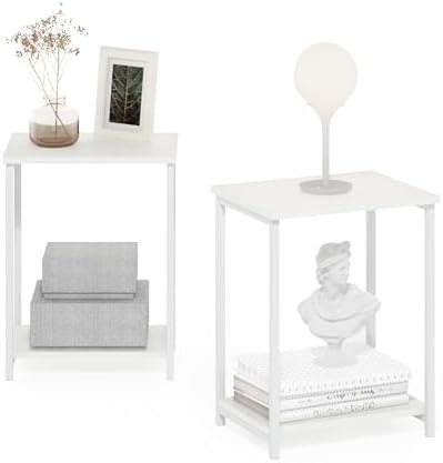 Furinno Simplistic Side Table Set of 2, 2-Tier Modern Metal Frame End Table with Open Shelf, Night Stand, Bedside Table, Easy Assembly, for Living Room, Bedroom, White by Furinno-FitsYourSpaceFitsYourBudget