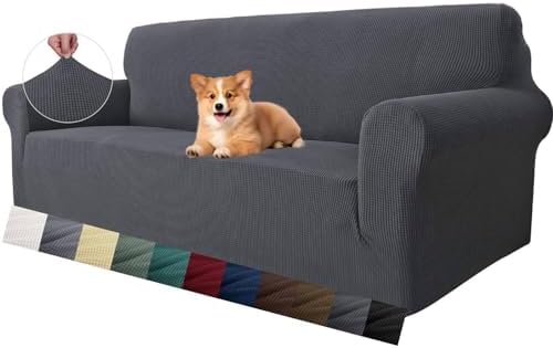 MAXIJIN Super Stretch Couch Cover for 3 Cushion Couch, 1-Piece Universal Sofa Covers Living Room Jacquard Spandex Furniture Protector Dogs Pet Friendly Fitted (Large, Gray) by MAXIJIN