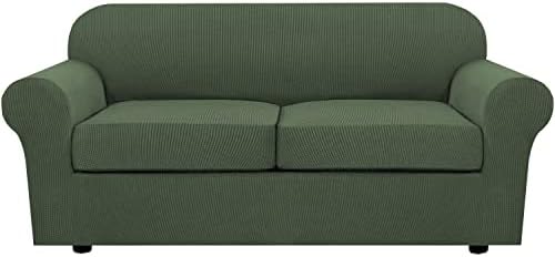 H.VERSAILTEX 3 Piece Stretch Sofa Covers for 2 Cushion Sofa Couch Covers for Living Room Furniture Cover (Base Cover Plus 2 Seat Cushion Covers) Thicker Jacquard Fabric(Large Sofa, Bronze Green) by HVERSAILTEX