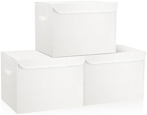 Bagnizer Large 17" 42 Quarts Collapsible Stackable Storage Bins with Lids [3-Pack] Foldable Fabric Linen Storage Boxes Cube, Closet Organizer Baskets with Label (16.7 x 12 x 12, White) by Bagnizer
