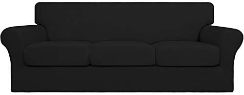 Easy-Going 4 Pieces Stretch Soft Couch Cover for Dogs - Washable Sofa Slipcover for 3 Separate Cushion Couch - Elastic Furniture Protector for Pets, Kids (Sofa, Black) Large by Easy-Going