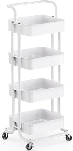 Pipishell Metal 4 Tier Rolling Cart with Handle & 2 Lockable Wheels, White by Pipishell