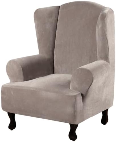 H.VERSAILTEX Wingback Chair Covers Velvet Plush Wing Chair Slipcover 1 Piece High Stretch Wing Back Chair Slipcovers Sofa Cover Furniture Cover with Elastic Bottom, Taupe by HVERSAILTEX