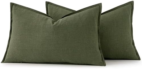 MIULEE Decorative Linen Lumbar Pillow Covers 12x20 Inch Dark Olive Green - Image 6