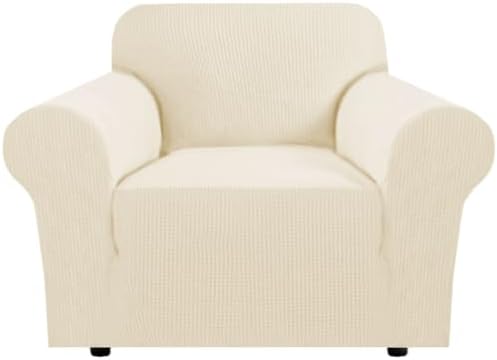 H.VERSAILTEX Stretch Chair Slipcover Sofa Cover Furniture Protector Cover High Spandex Small Checks Knitted Jacquard Sofa Cover Chair Covers for Living Room, Armchair 31"-40", Cream by HVERSAILTEX