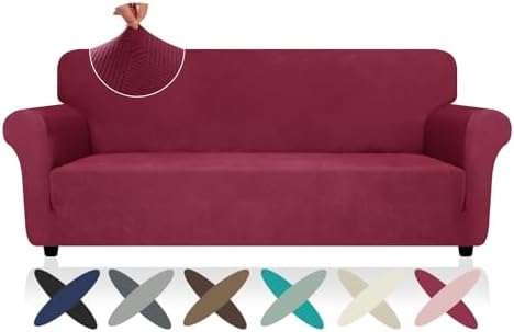 ZNSAYOTX Super Stretch Couch Cover (72"-92"), New Striped Sofa Covers Fitted Slipcovers with Elastic Bottom, Dog Cat Pets Proof Spandex Fabric Comfortable & Durable (Wine Red, Sofa) by ZNSAYOTX