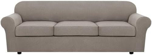 H.VERSAILTEX 4 Piece Stretch Sofa Covers for 3 Cushion Couch Covers for Living Room Furniture Slipcovers (Base Cover Plus 3 Seat Cushion Covers) Thicker Jacquard Fabric (Large Sofa, Taupe) by HVERSAILTEX