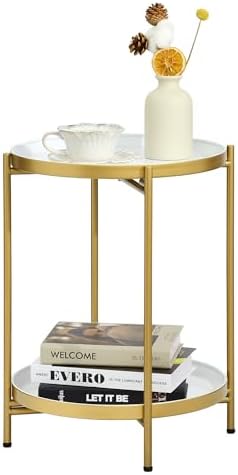 2-Tier Round End Side Table, Small Metal Side Table with Removable Tray, Folding Accent Tables for Living Room, Balcony, Nightstand for Bedroom, Outdoor Tables for Patio, Gold&White by MordchilHF