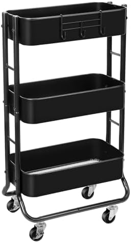MAX Houser Slim 3-Tier Rolling Utility Cart with Extra Hook, Black by MAXHouser