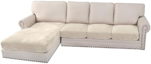 H.VERSAILTEX Velvet Stretch Sectional Couch Covers - 4 Piece Sofa Seat Cushions for L Shape Sectional Couch (Large 3 Seater + 1 Chaise, Ivory) by HVERSAILTEX