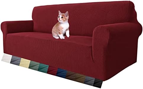 MAXIJIN Super Stretch Couch Cover for 3 Cushion Couch, 1-Piece Universal Sofa Covers Living Room Jacquard Spandex Furniture Protector Dogs Pet Friendly Fitted (Large, Wine Red) by MAXIJIN