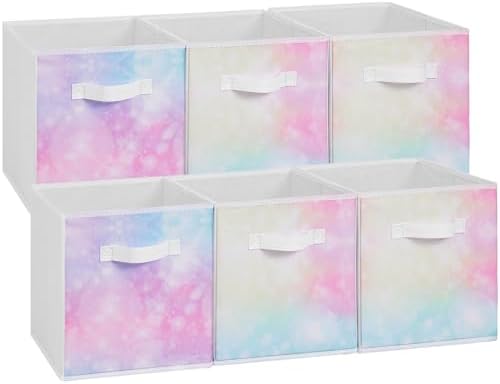 Stero Fabric Storage Cubes, 6 Pack Foldable Storage Bins with Handle, 11 Inch Box for Shelves, Closet, Organizer, Tie-dye Pink by Stero