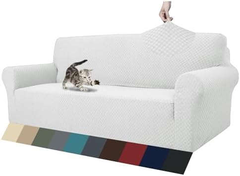 ZNSAYOTX 1 Piece Jacquard Couch Covers for 3 Cushion Couch Living Room High Stretch Sofa Cover Pets Dogs Friendly Anti Slip Thickened Slipcovers Furniture Protector (Large, White) by ZNSAYOTX
