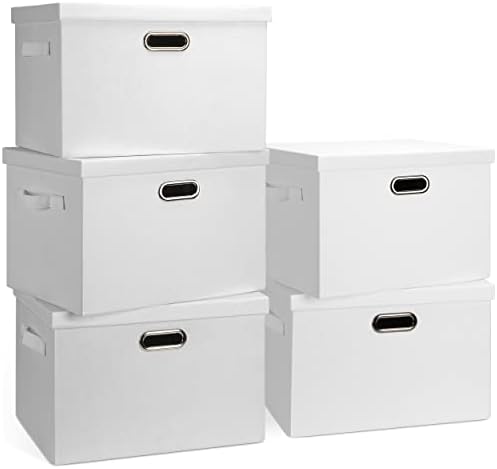 Graciadeco Large 17" 36 Quart Collapsible Stackable Storage Bins with Lids, 5 Packs White Linen Fabric Closet Boxes with Lids, Storage Cube Baskets Container Organizers for Bedroom Office(17 x12 x11) by GraciadecoStorage