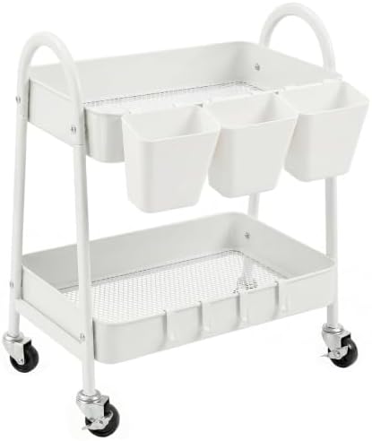 danpinera 2-Tier Rolling Cart, Utility Cart Mobile Metal Rolling Storage Cart with Lockable Wheels & Hanging Cups & Hooks for Kitchen, Bathroom, Office, Workshop, Purple by danpinera