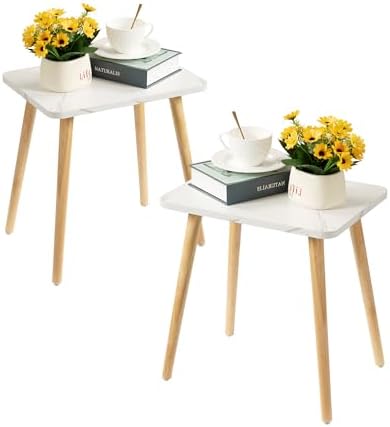 FORAOFUR Small Side Table, Set of 2 Modern Mini Coffee Table with Natural Wood Legs, Quick Assembly End Furniture for Bedroom Living Sofa, Minimalist Design for Nursery and Compact Homes, Marble by FORAOFUR
