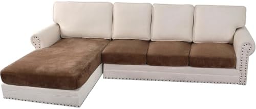 H.VERSAILTEX Velvet Stretch Sectional Couch Covers 4 Pieces Sofa Seat Cushion Covers L Shape Separate Cushion Couch Chaise Cover for Both Left/Right Couch(Large Sofa 3 Seater + 1 Chaise, Caramel Cafe) by HVERSAILTEX