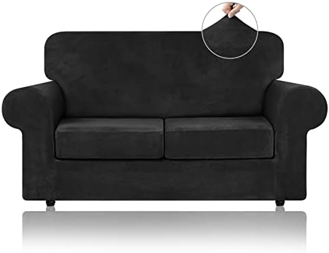 WEERRW Velvet Stretch 3 Pieces Couch Cover for Sofa Washable, Black by WEERRW