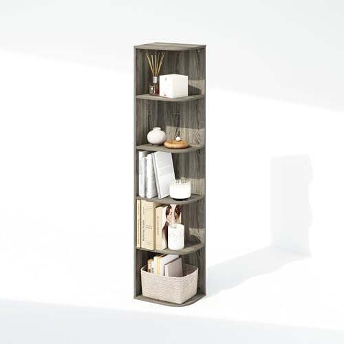 Furinno Reed Corner Shelf, 5-Tier Corner Bookshelf, Book Shelf, Corner Shelves, Storage Rack, for Organization and Storage, Home Office, Living Room, French Oak - Image 5