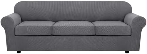 H.VERSAILTEX 4 Piece Stretch Sofa Covers for 3 Cushion Couch Covers for Living Room Furniture Slipcovers (Base Cover Plus 3 Seat Cushion Covers) Thicker Jacquard Fabric (Large Sofa, Grey) by HVERSAILTEX
