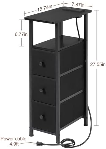 LOAKEKEL Narrow End Table with Charging Station, Small Nightstand - Image 3