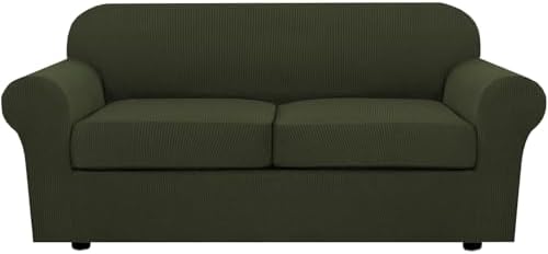 H.VERSAILTEX 3 Piece Stretch Sofa Covers for 2 Cushion Sofa Couch Covers for Living Room Sofa (Base Cover Plus 2 Seat Cushion Covers) Thicker Jacquard Fabric (Large Sofa, Olive) by HVERSAILTEX