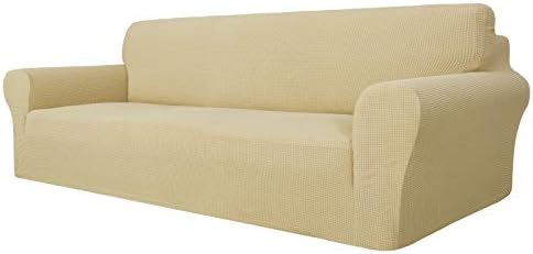 MAXIJIN Super Stretch Couch Cover for 3 Cushion Couch, 1-Piece Universal Sofa Covers Living Room Jacquard Spandex Furniture Protector Dogs Pet Friendly Fitted (Extra Large, Beige) by MAXIJIN